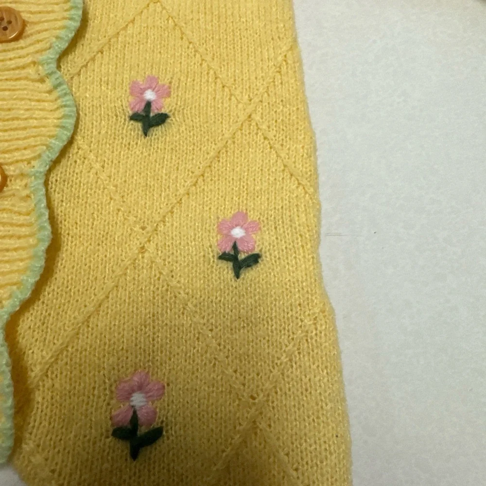 Baby Girl Yellow Knit Romper Floral Embroidered Button Front One Piece Outfit - Picture 2 of 5